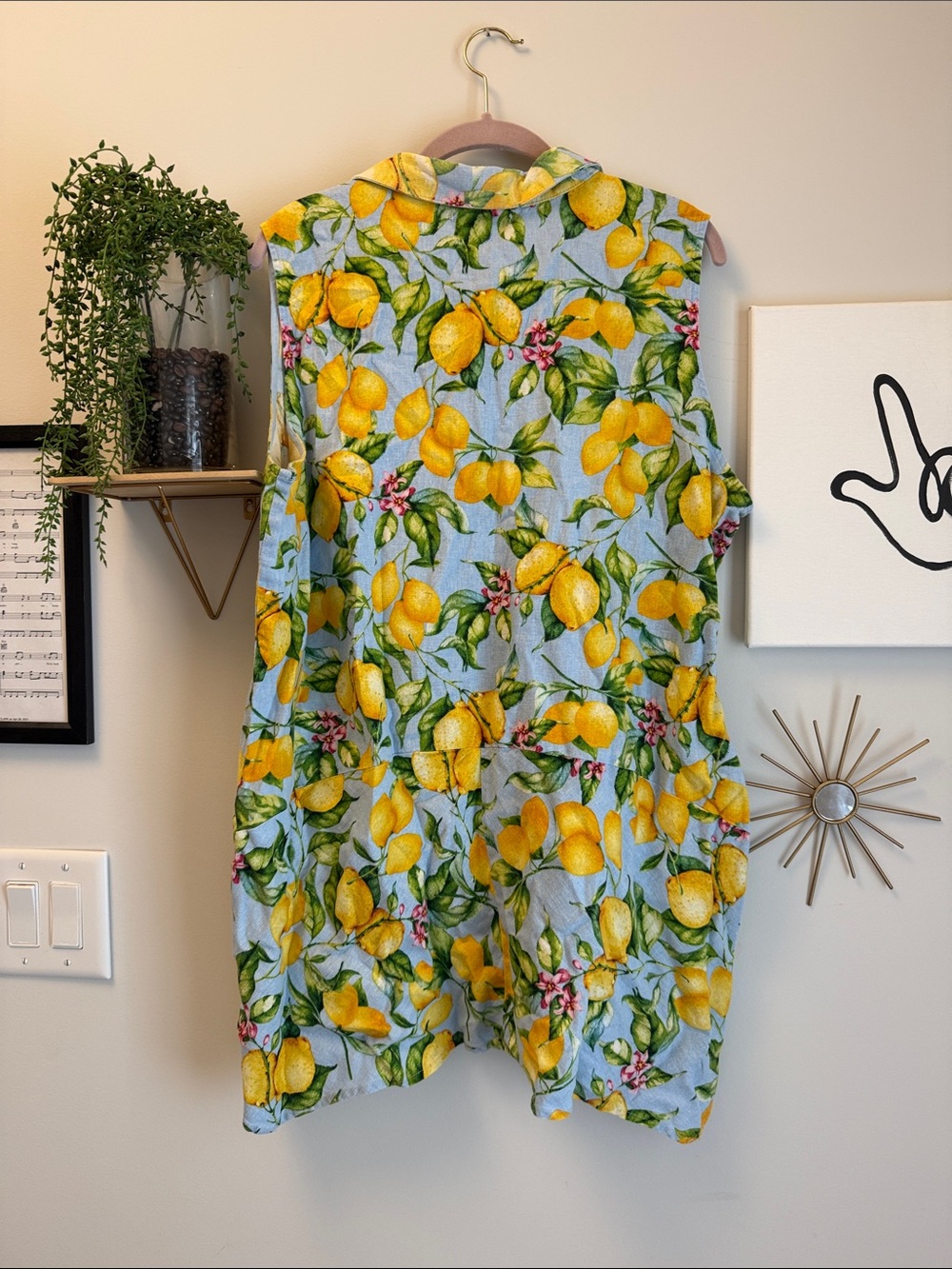 Linen Sleeveless Lemon Print Button-Front Top - Yellow - Picture 3 of 3